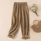 Vintage Cotton Linen Pants Women Elastic Lace Flower Embroidered Casual Harem Pants Loose All Match Bloomers