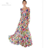 Leaf Printing Deep V-Neck Dress 2022 Spring/Autumn Women Beachwear Plus Size Half Sleeve Side Split Long Dresses