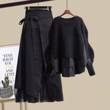 Women Winter Patchwork Long Sleeve Knitted Tops + Asymmetric Skirt 2 Piece Suit Female Party Elegant Two Piece