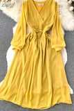 Vintage Women Dress Elegant Orange/Red/Yellow V-Neck Lantern Sleeve High Waist Slim A-Line Vestidos Female New