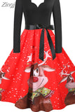 Women Christmas Dress Long Sleeve Vintage Elegant V Neck Print Big Swing Party Xmas New Year Winter Clothes S~3XL