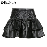 SUCHCUTE Punk Style PU Leather Mini Skirts Hight Waist Lace Up Bandage Black Pleated Mini Skirt Streetwear Girls Dark