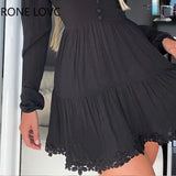 Women Long Sleeve Solid Lace Skinny Waist Dress Elegant Fashion Party