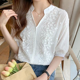 Women's Shirts Solid Blouses for Women Embroidered Shirt Blouse Women White Hollow Out Half Sleeve Tops Female 2023 Woman