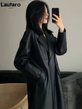 Spring Autumn Long Oversized Black Leather Trench Coat for Women Sashes Single Button Loose Stylish Korean Fashion