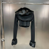 2022 Autumn Single Breasted Buttons Vest Tank Top Faux Fur Collar Crop Coat Black Two Piece Set Cardigans Women