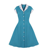 Single-breasted Shirt Retro Dresses Vintage Party Sundress Turn Down Collar Cotton Knee-Length Pinup 1950s Style