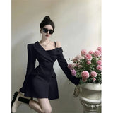 Elegant Suit Mini Dress Women Off Shoulder Irregular A Line Dresses Korean Office Lady Button Slim Chic Blazer