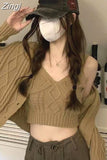 V Neck Tanks Two Piece Short Cardigan Solid Sets Knitted Vintage Women Fashion High Street Sueter Crop Tops Pull