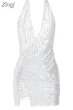 Women Winter 2023 New Y2K Hot Sexy&Club Solid Sequins Decoration Low Chest Lace Up Halter Neck Backless Chic Mini
