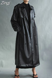 Autumn Extra Long Oversized Black Faux Leather Trench Coat for Women Long Sleeve Belt Double Breasted Loose Fashion