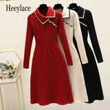 Winter New Knitted Bottoming Dress for Women High-end Temperament Lapel Long Sleeve Button Deco A-line Sweater Long