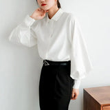 New Fashion Women Blouse Tops Casual Cardigan Lantern Sleeve Solid Elegant Shirts Women Female Clothes White Blusas