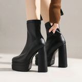 White Women Ankle Boots 2022 Fashion Double Platform Squaer High Heel Punk Boots Slip On Stretch Woman Boots Plus Size