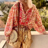 Fashion Flower Print Long Sleeve Beach Shirt New Spring V Neck Loose Bohe Top Pullover Office Lady Button Casual