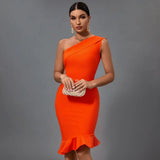 Midi Bandage Dress Women Orange Bodycon Dress Evening Party Elegant Sexy One Shoulder Birthday Club Outfit 2022