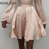 Women Plain Puff Sleeve Ruched Button Front Party Sexy Dress Elegant Fashion