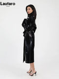Spring Autumn Long Shiny Reflective Patent Leather Trench Coat for Women Sashes Luxury Designer Runway European
