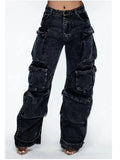 Color Multi-pocket Loose Jeans Women High Street Retro Hip-hop Wide-leg Pants Casual Straight High-waisted Jeans Women