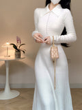 White Knitted Dresses for Women 2023 Autumn Winter Korean Fashion Slim A-line Long Sleeves Sweater Casual Female