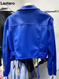 Spring Autumn Short Blue Soft Pu Leather Biker Jacket Women Zipper Long Sleeve Belt Cool Luxury Designer Clothes