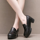 Lefu Shoes Women's Spring And Autumn Women's Shoes Coarse Heel Waterproof Platform British Small Leather Shoes Retro Black One-Legged Single
