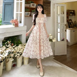 Fashion Summer 2023 Chiffon Lace Fairy Dress Retro Square Neck Crushed Flowers Princess Sleeve High Waist Sweet