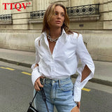 Casual Lapel White Women's Blouse Autumn Elegant Long Sleeve Hollow Out Solid Shirts Fashion Single-breasted Female