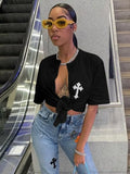 Letter Embroidery Sexy Y2K T-Shirts Womem Summer Short Sleeve O-Neck Cut Out Bandage Tops Female Cardigan