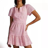 Women's V-Neck A-Shaped Hollow Lace Folded Short-Sleeved Mini