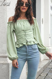 Color Off Shoulder Women Blouse Spring Summer Lantern Long Sleeve Bandage Shirts Tops and