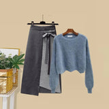 Women Autumn Winter Warm Knitted Two Pieces Sets Korean Long Sleeve Pullover Sweater Top And High Waist Skirts