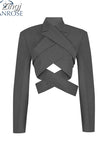 Autumn New Korean Style Fashion Grey Blazer Backless Suits Women Crop Coat Ladies Streetwear Cross Sexy Suit Jacket