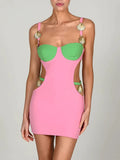 Metal Shell Patchwork Hollow Out Mini Dress Women Robe Elegant Spaghetti Strap Zipper Bodycon Party Dress