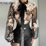 Women Chic Floral Bowknot Lace up feather collar perspective Mesh Black