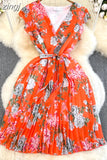 Vintage Floral Printed Pleated Dress Women Elegant V-Neck Sleeveless High Waist Draped Vacation Beach Vestidos Female