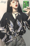 Sleeve Bf Red-crowned Crane Print Loose Shirts Harajuku Blouse Tops Women Vintage Chemise Femme High Street
