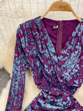 Printed Bodycon Party Dress Women Vintage V-Neck Long Sleeve High Waist Elegant Sheath Vestidos Spring Autumn