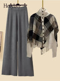 Knitted Two Pieces Sets Womens Outfits Office Ladies Elegant Vintage Plaid Patchwork Sweater Cardigan+ Wide Leg Pant
