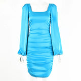Satin Women Mini Dress Solid Lantern Long Sleeve Square Collar Ruched Bodycon Sexy Dresses Party Autumn Club