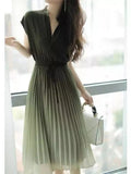 New Elegant Fashion Sexy Gradient Chic Dress Women Short Sleeve Folds Aesthetic Vestidos De Fiesta Sweet Solid Robe
