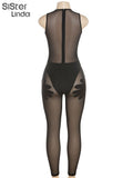 Handprint Patchwork Jumpsuit Women Sleeveless Skinny Mesh See Through One Piece Overalls Midnight Workouts