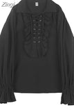 Fashion Vintage Gothic Shirt Women Flare Sleeves Ruffles Oversize Club Party Evening Girl Lolita Black Blouse V-neck