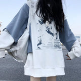 Autumn 2021 New Harajuku Hoodies Women O-neck Oversized Long Sleeve Korean Fashion Pullovers Patchwork Loose