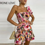 Women Floral One Shoulder Shirring Top & Wrap Skirt Two Pieces