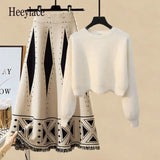 Women Autumn Winter Warm Knitted Two Pieces Sets Korean Long Sleeve Pullover Sweater Top And High Waist Skirts