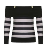 Pastel Goth Y2K Striped Print Off Shoulder Long Sleeve Tops E-girl Cute Streetwear Buttons Slash Neck Black T-shirts