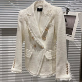 2022 Fall Winter Turn Down Collar Double Breasted Metal Buttons Slim Blazer Tweed Shorts Two Piece Set Women