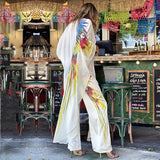 Boho Parrot Printed Front Open Summer Beach Dress Sexy White Chiffon Tunic Women Plus Size Beachwear Long Kimono Dress