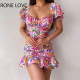 Women Chic Short Lantern Sleeves Ruffles Hem Floral Print Sweet A-line Party Bodycon
